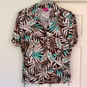 Palm Brown + Teal Women's Button Down Short Sleeve Coppagallo Top Small Vintage